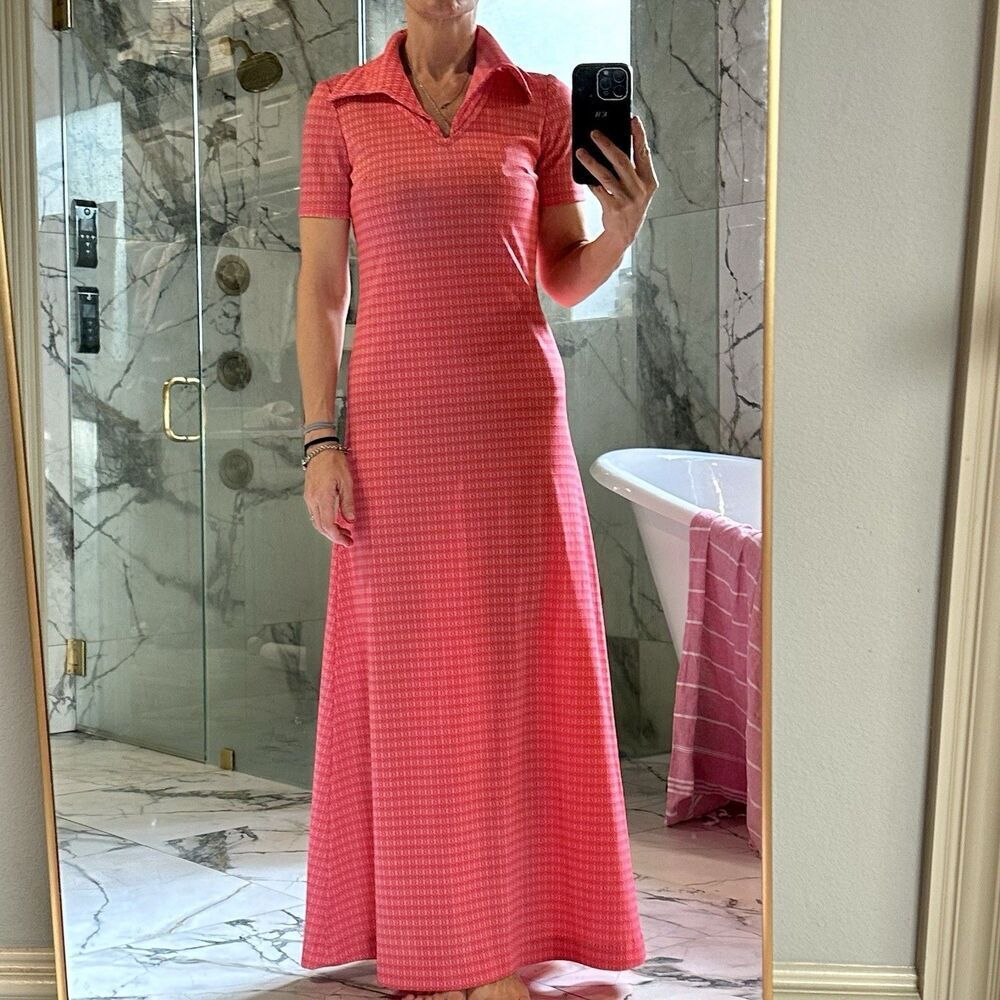 Vtg 60s/70s Handmade Pink Geometric Knit Maxi Dress, Collar, Short Sleeve S/M
